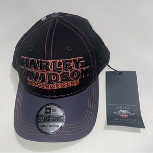 NEW ERA 39THIRTY Harley Davidson Men Stretch Fit Black Orange Baseball Hat S-M